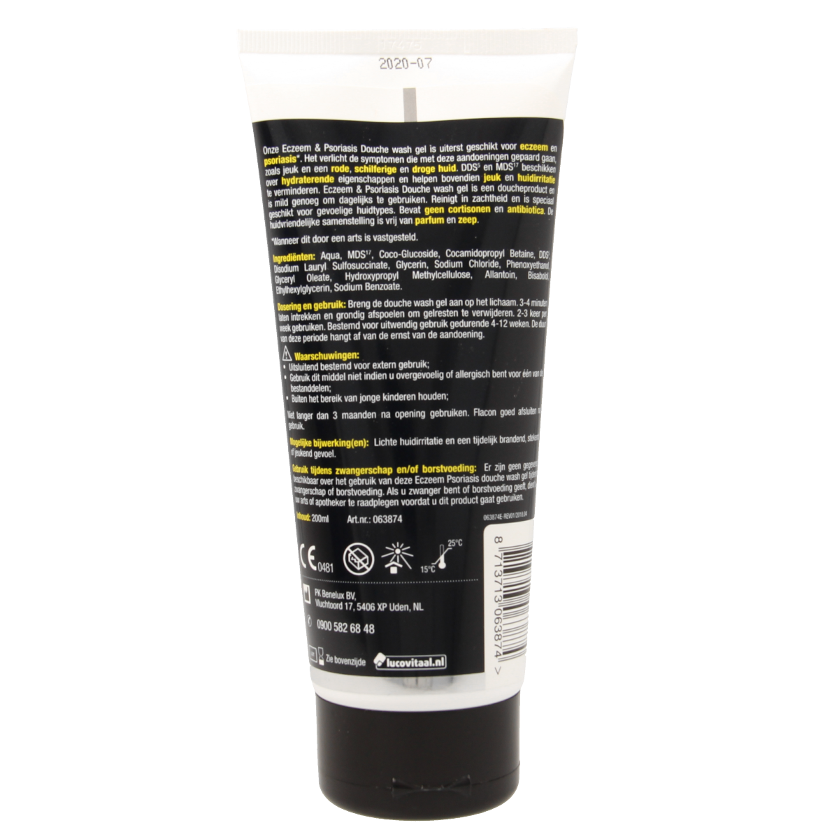 Lucovitaal Eczeem en psoriasis douchegel in 200ml bottle, gentle skin cleanser for eczema and psoriasis care.