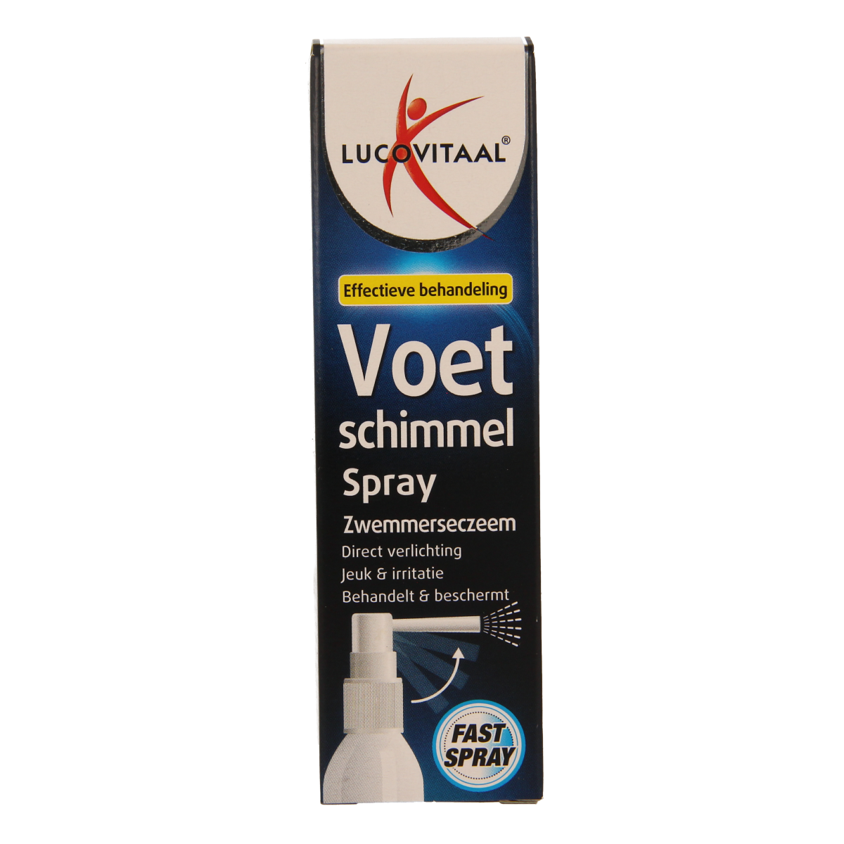 Lucovitaal Voetschimmel zwemmerseczeem spray in 25ml bottle, foot care product for fungal infections, with spray nozzle.