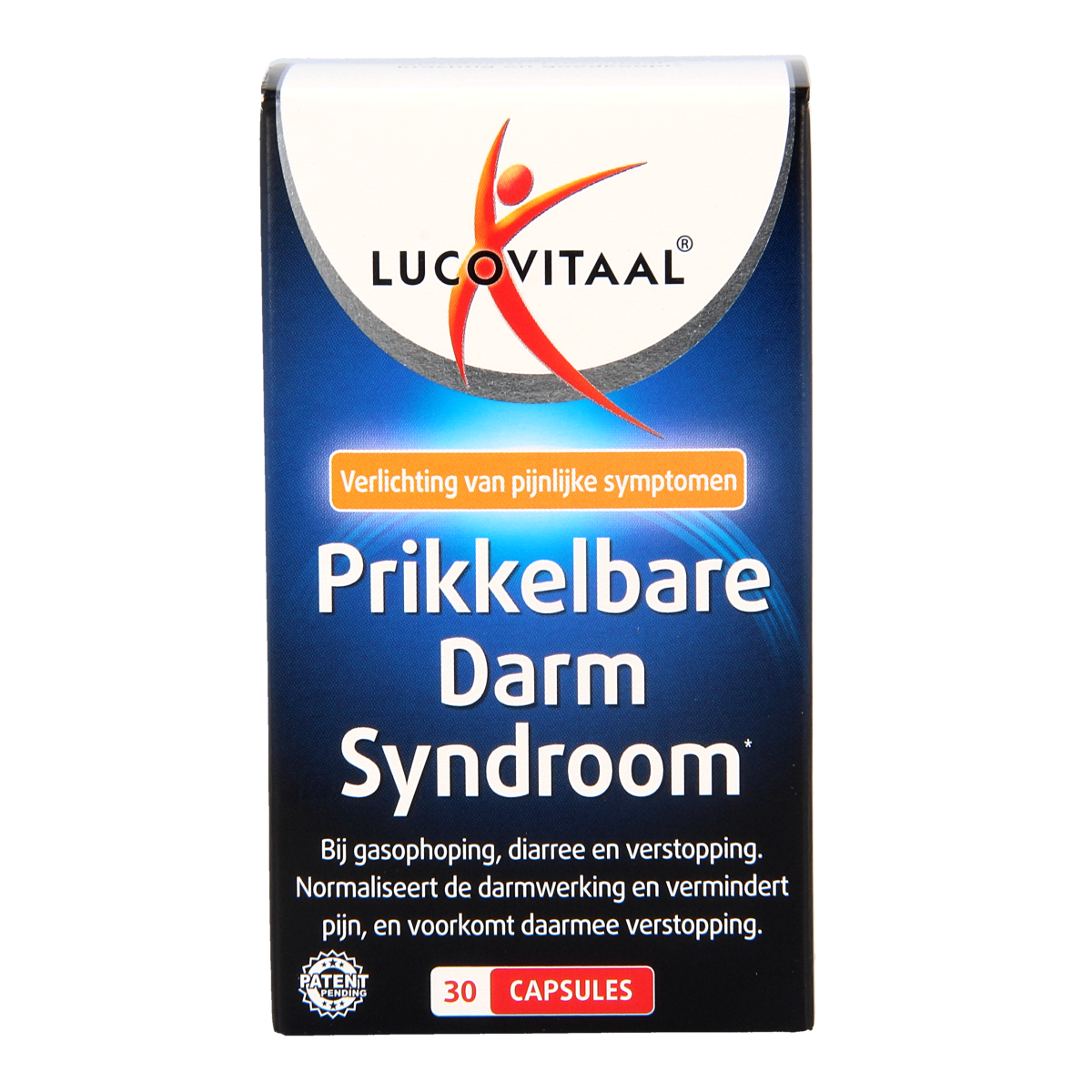 Lucovitaal Kruidenpreparaten voor prikkelbare darm syndroom, 30 capsules, herbal supplement in a bottle.