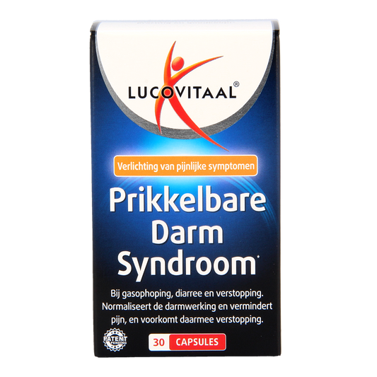 Lucovitaal Kruidenpreparaten voor prikkelbare darm syndroom, 30 capsules, herbal supplement in a bottle.