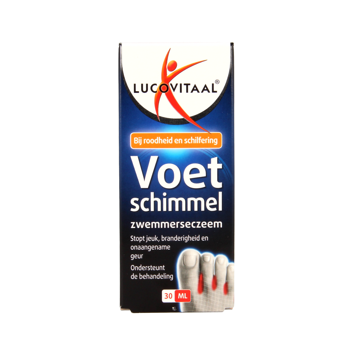 Lucovitaal Voetschimmel voetverzorging lotion in 30ml bottle, with packaging showing the product label and applicator.