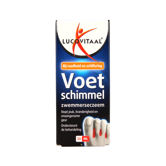 Lucovitaal Voetschimmel voetverzorging lotion in 30ml bottle, with packaging showing the product label and applicator.