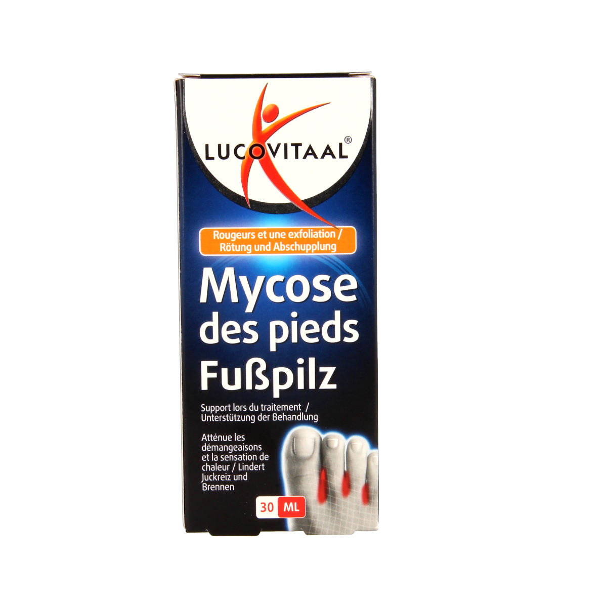 Lucovitaal Voetschimmel foot care cream in a 30ml tube, designed for treating foot fungal infections.