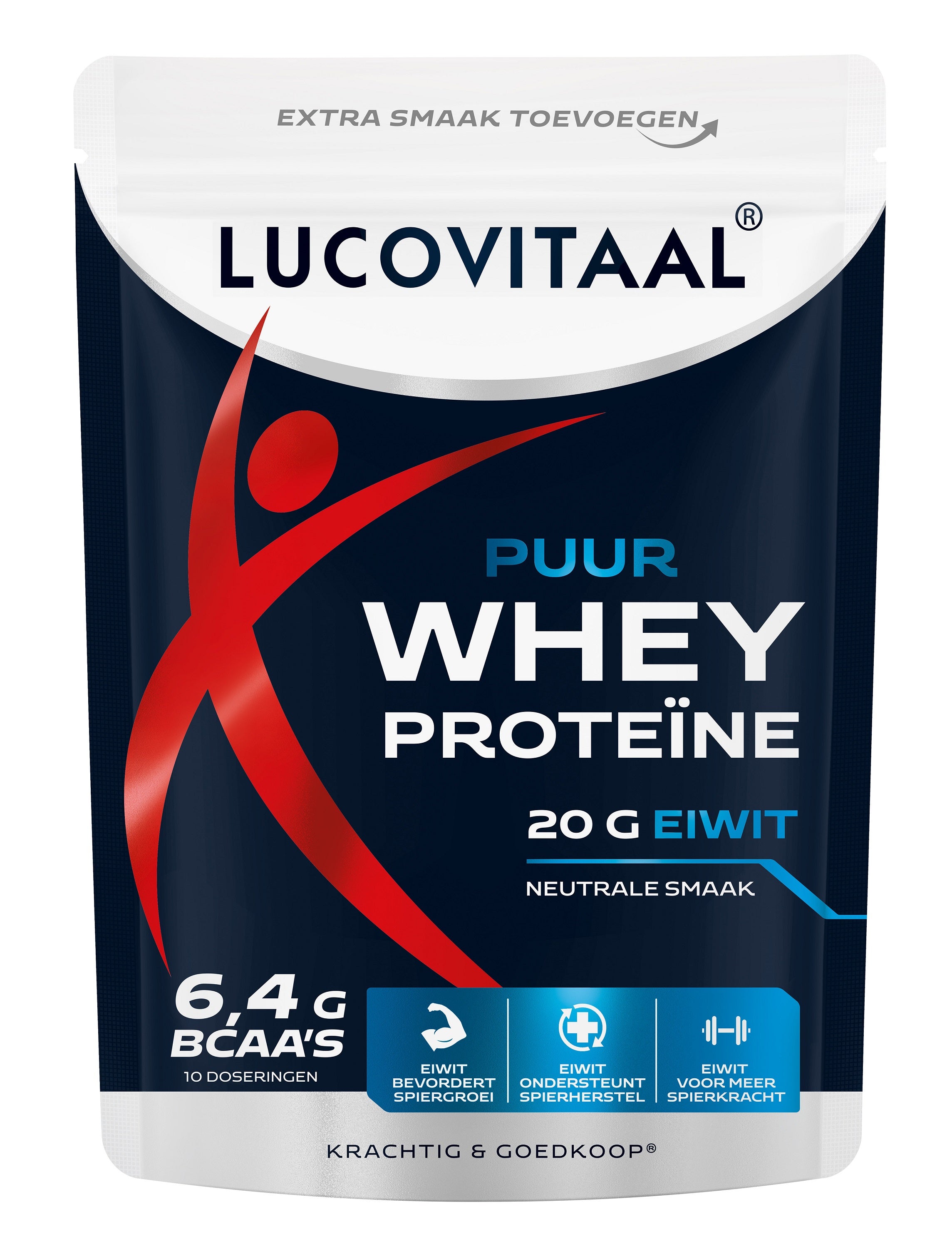 Lucovitaal whey protein poeder met aminozuren, 250 gram, close-up of the white powder in a container.