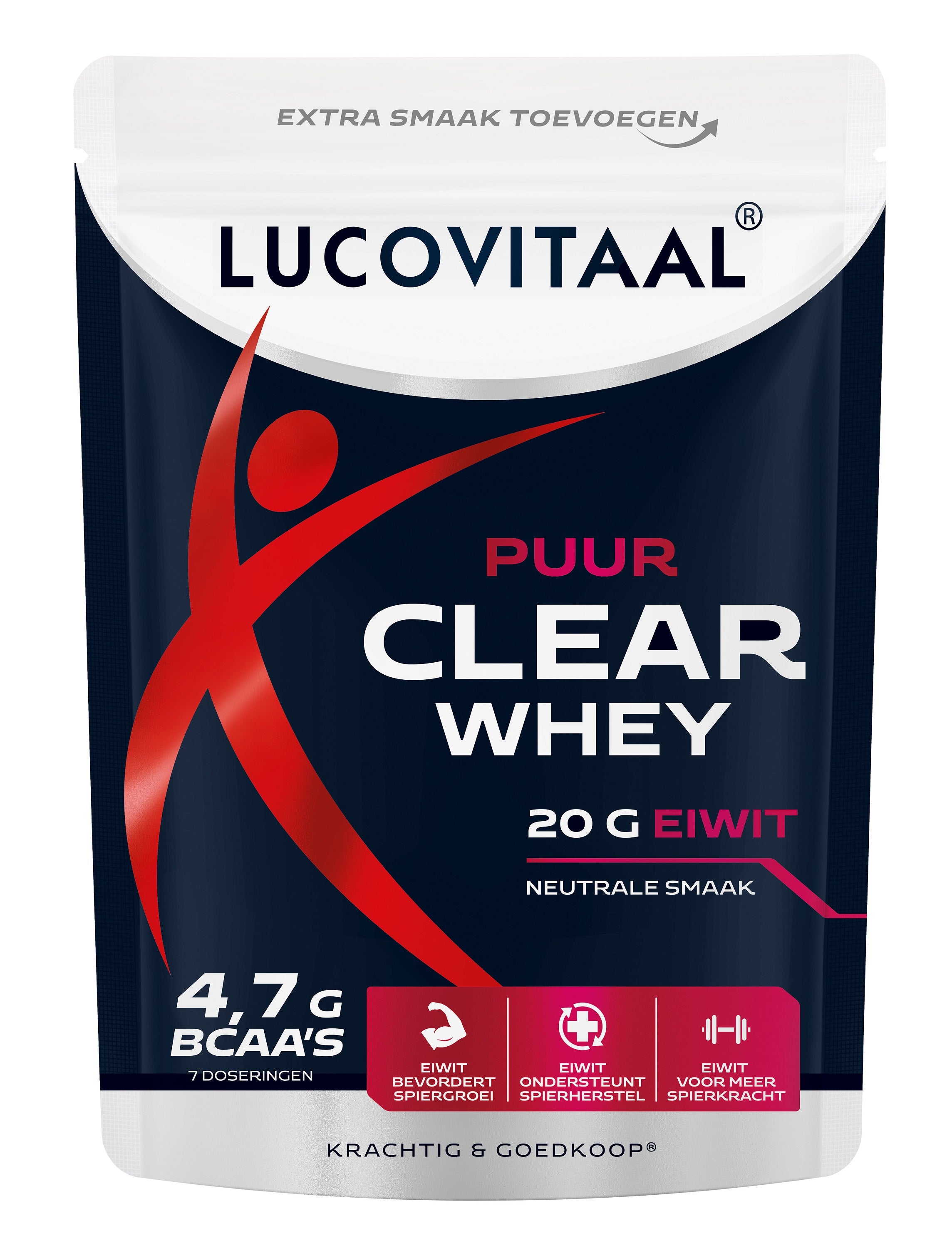Lucovitaal Clear Whey Poeder Puur aminozuren supplement in 175g jar, showing the product packaging and label.
