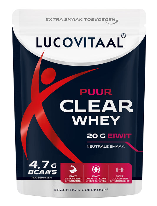 Lucovitaal Clear Whey Poeder Puur aminozuren supplement in 175g jar, showing the product packaging and label.