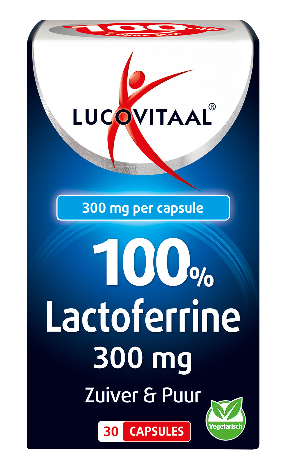 Lucovitaal Lactoferrine 30 capsules bottle, dietary supplement with mineral complex, in a clear container with a white cap.