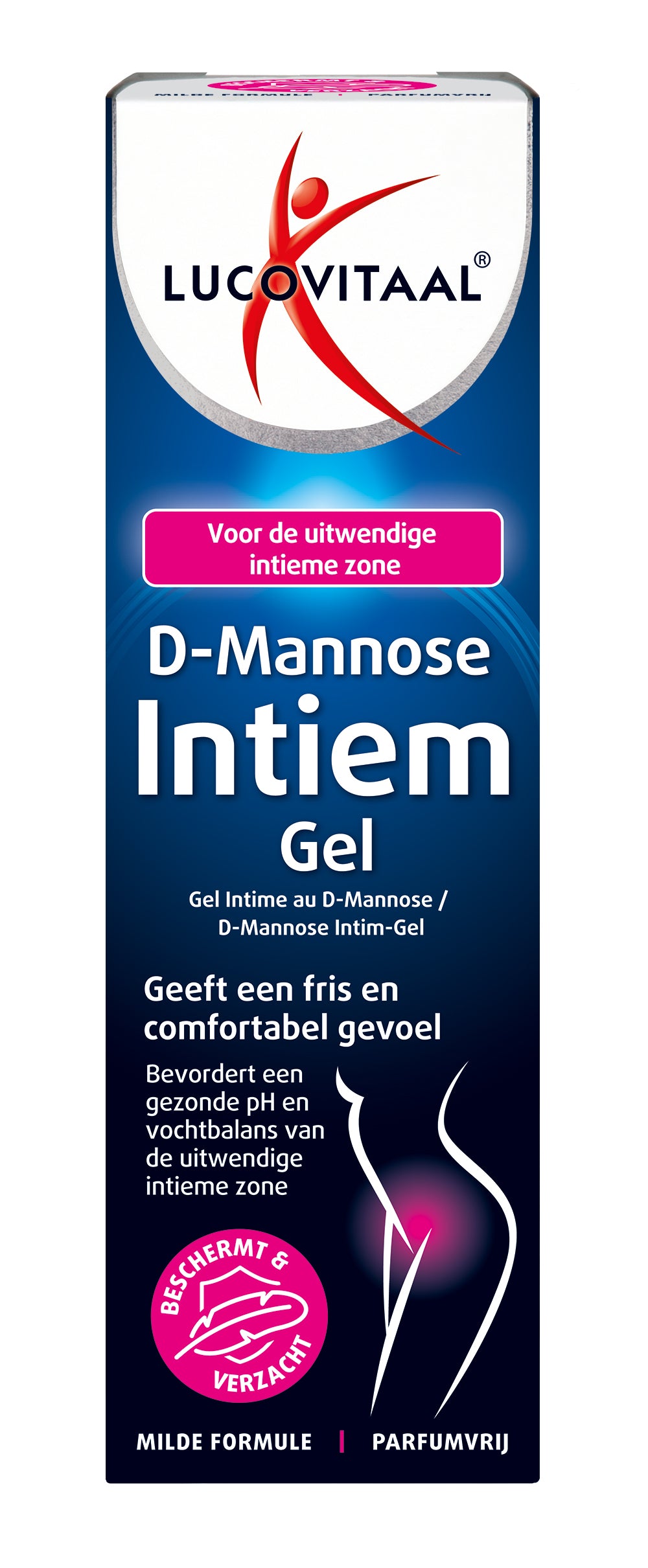 Lucovitaal D-Mannose intiem gel in 50ml bottle, body care product with clear gel texture for intimate skin care.