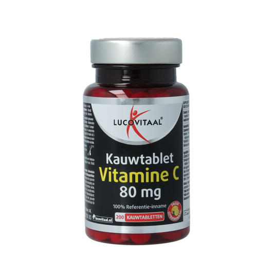 Lucovitaal Vitamine C 80mg citroen flavor, 200 chewable tablets, natural vitamin supplement for immune support.