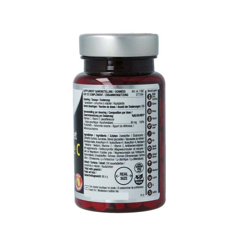 Lucovitaal Vitamine C 80mg citroen flavor chewable tablets, 200 count, showing the yellow tablets and packaging.
