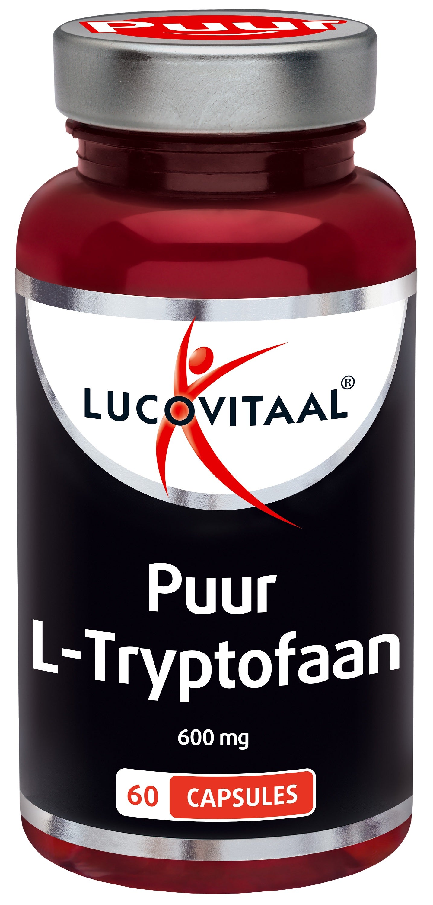 Lucovitaal L-tryptofaan puur 600mg capsules, close-up of 60 dietary supplement capsules in a bottle.