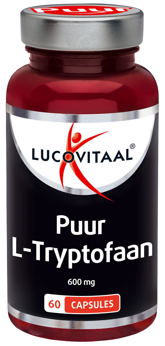 Lucovitaal L-tryptofaan puur 600mg capsules, close-up of 60 dietary supplement capsules in a bottle.