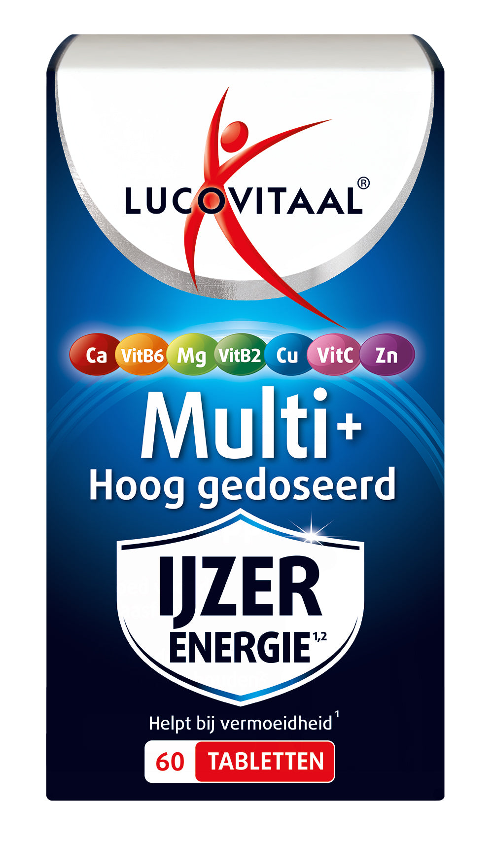 Lucovitaal Multi+ hoog gedoseerd vitamine multitabletten in een pot, met 60 tabletten, voor dagelijkse voedingssupplementen.
