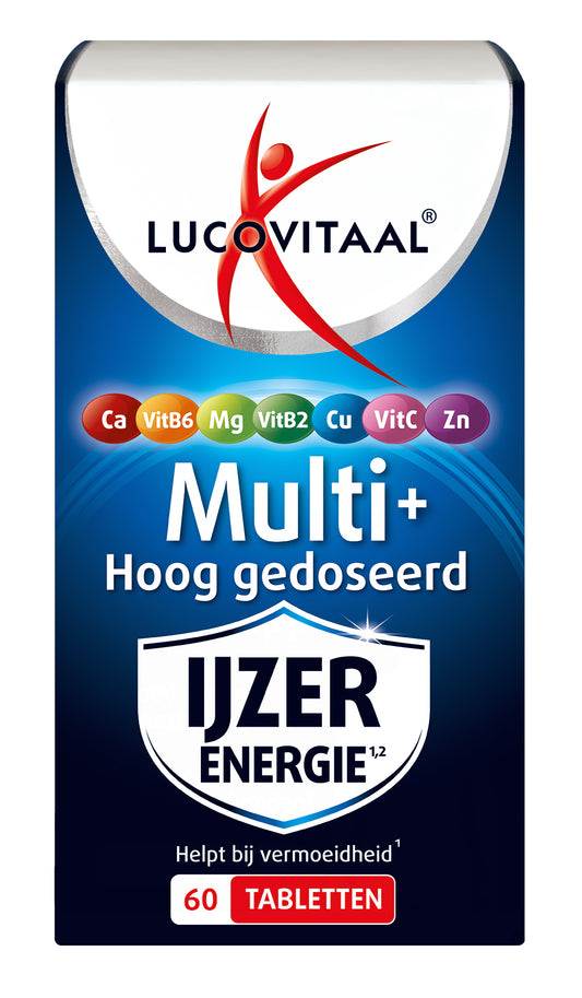 Lucovitaal Multi+ hoog gedoseerd vitamine multitabletten in een pot, met 60 tabletten, voor dagelijkse voedingssupplementen.