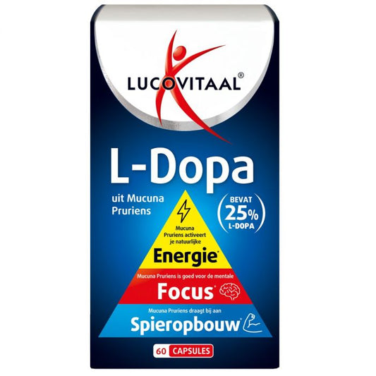 Lucovitaal L-Dopa mucuna pruriens capsules, herbal supplement in a bottle with 60 capsules, for natural health support