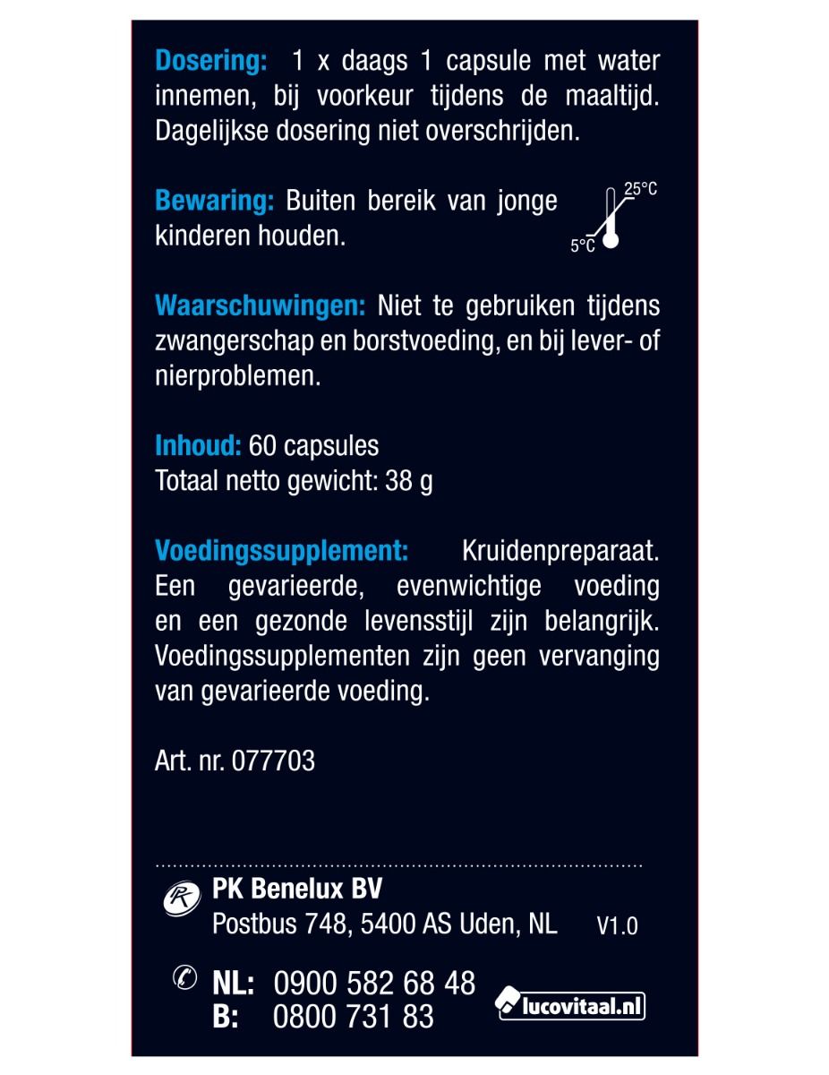 Lucovitaal L-Dopa mucuna pruriens capsules, herbal supplement in a clear bottle with white cap and label.