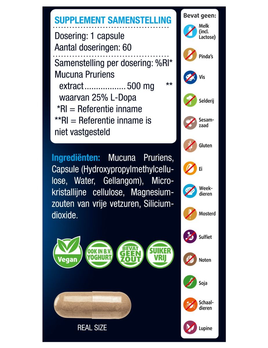 Lucovitaal L-Dopa mucuna pruriens capsules, herbal supplement, 60 capsules, natural dietary product, close-up of the bottle.