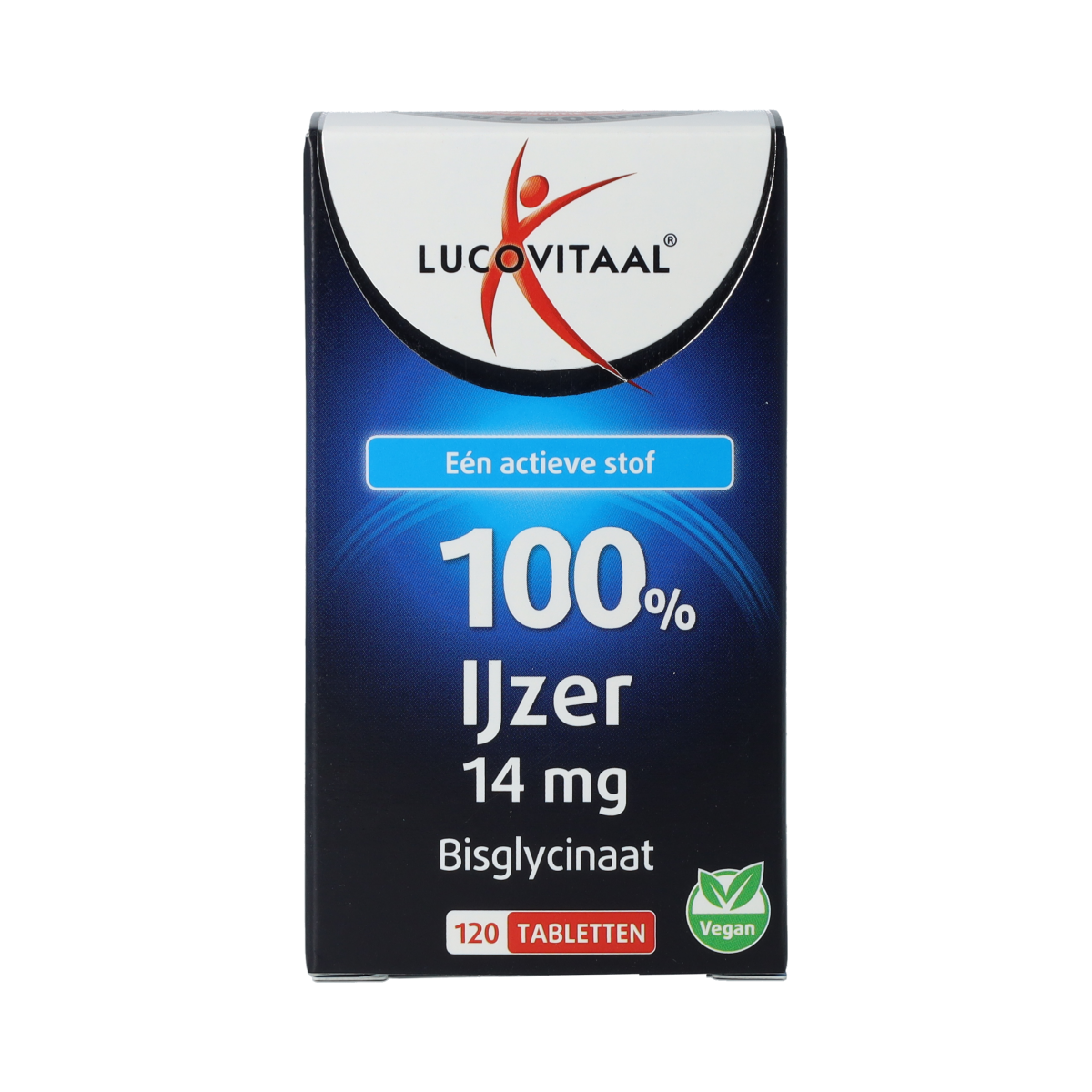 Lucovitaal IJzer Bisglycinaat mineral supplement in a bottle of 120 tablets, showing the product label and tablets inside