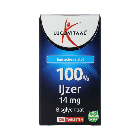Lucovitaal IJzer Bisglycinaat mineral supplement in a bottle of 120 tablets, showing the product label and tablets inside