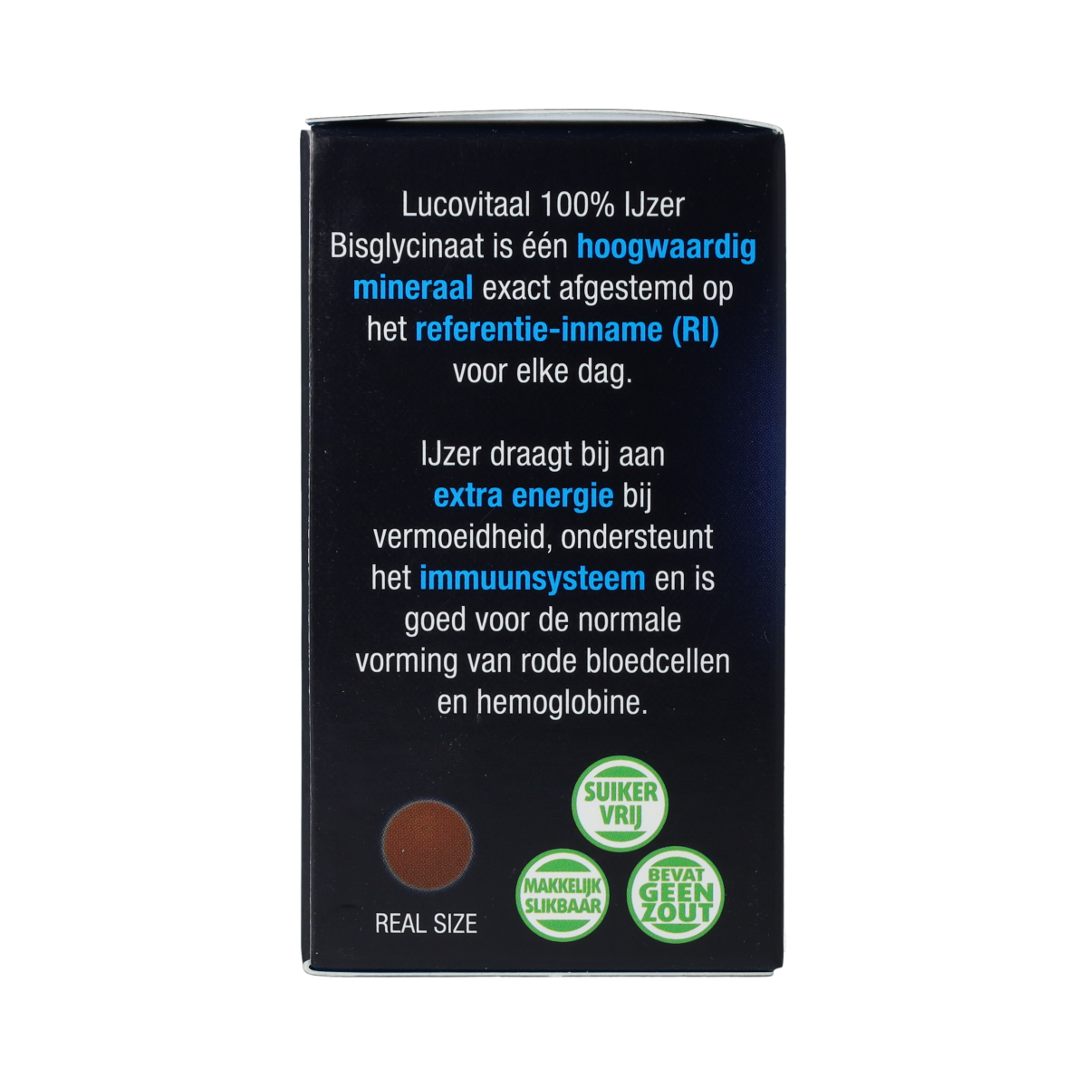 Lucovitaal IJzer Bisglycinaat mineral supplement in a bottle of 120 tablets, showing the label and tablets inside the bottle.