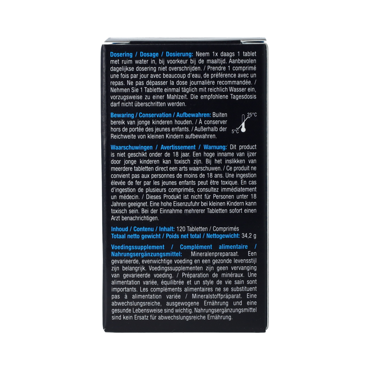 Lucovitaal IJzer Bisglycinaat mineral supplement in a bottle of 120 tablets, showing the product label and tablet images