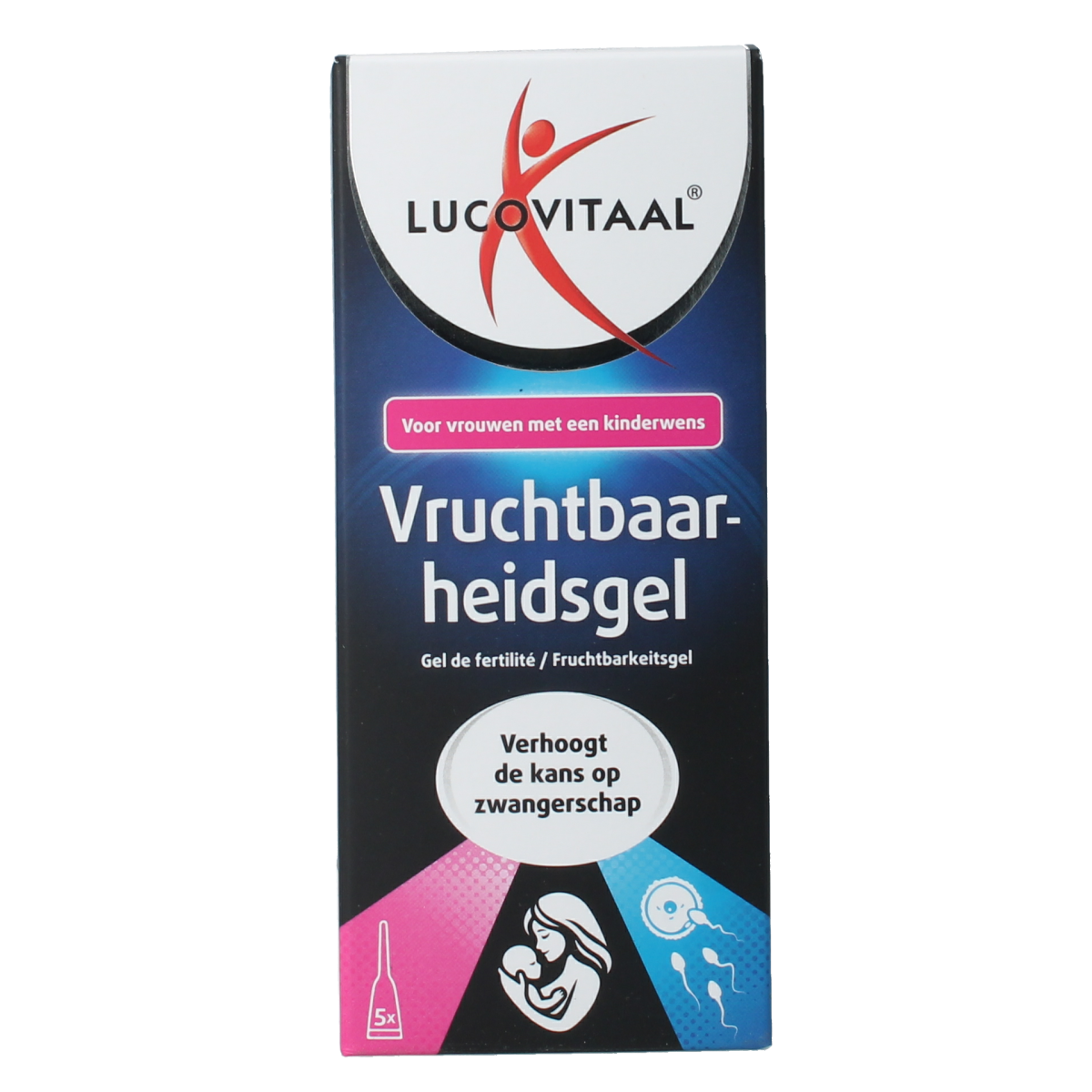 Lucovitaal Vruchtbaarheidsgel 5ml, set of 5, natural body care product for fertility support, with applicator and packaging details.