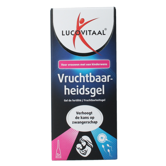 Lucovitaal Vruchtbaarheidsgel 5ml, set of 5, natural body care product for fertility support, with applicator and packaging details.