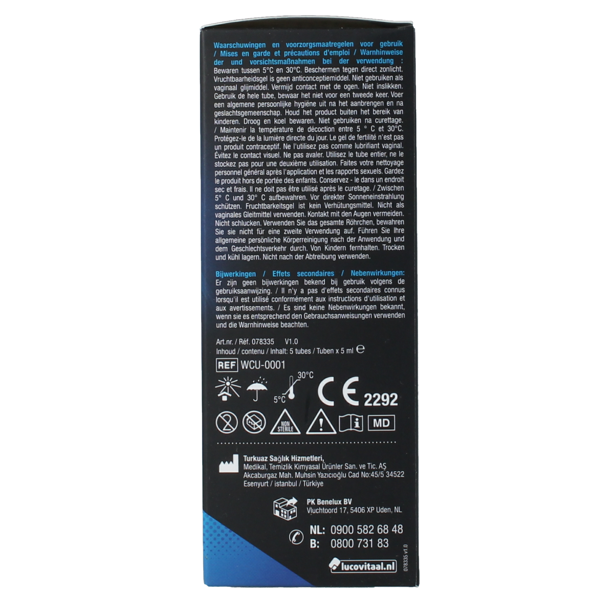Lucovitaal vruchtbaarheidsgel 5ml, 5-pack, body care product with applicator tips on a white background.