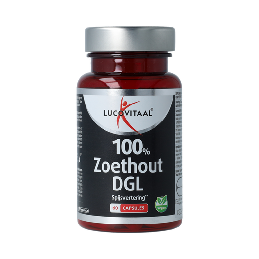 Box of Lucovitaal Zoethout DGL herbal supplement capsules, showing 60 capsules in a clear container with label.