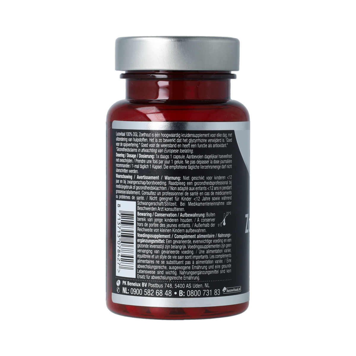 Lucovitaal Zoethout DGL herbal supplement capsules in a bottle, natural herbal remedy for throat and digestive health.