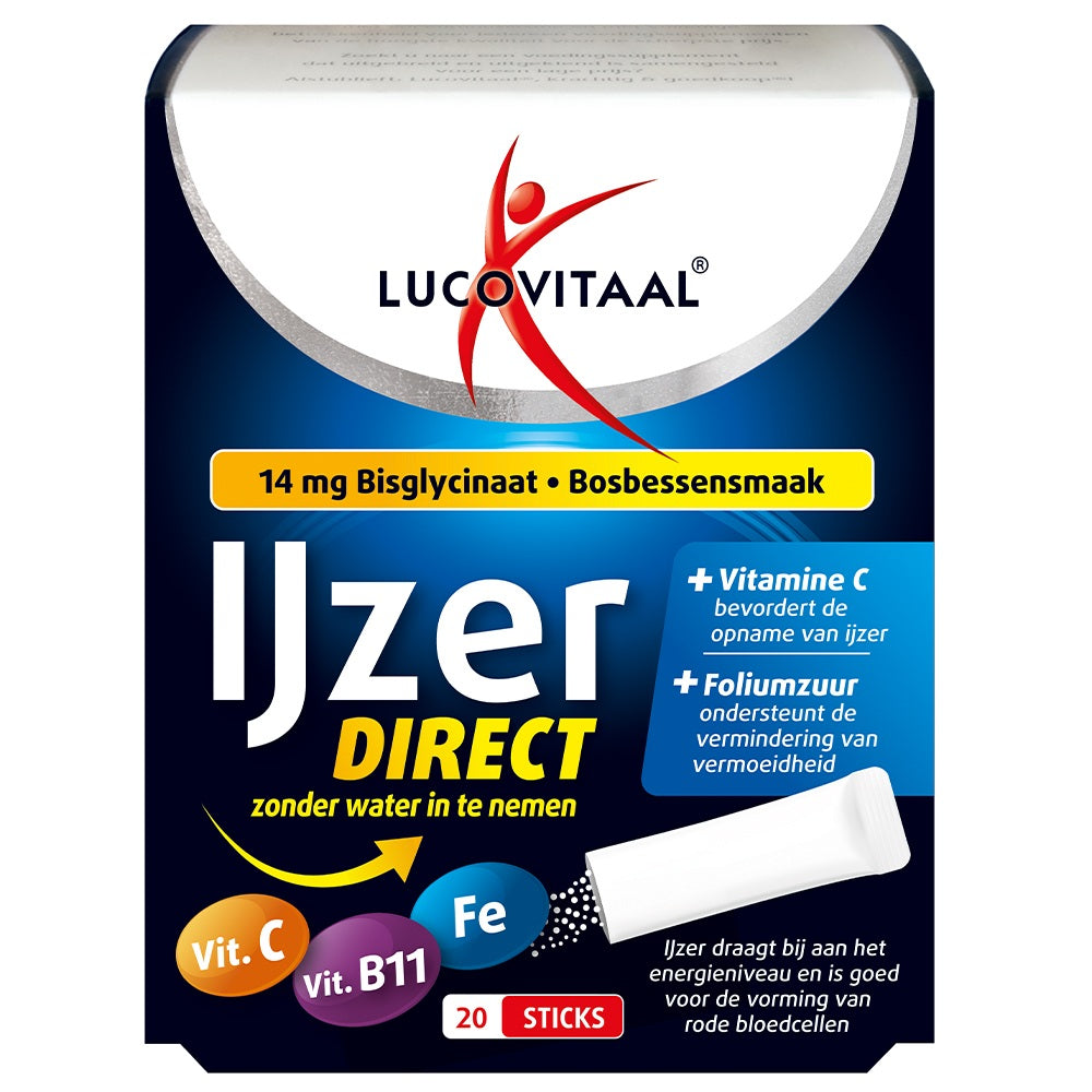 Lucovitaal IJzer bisglycinaat bosbes mineral supplement sachets, showing blue and white packaging with sachet contents.