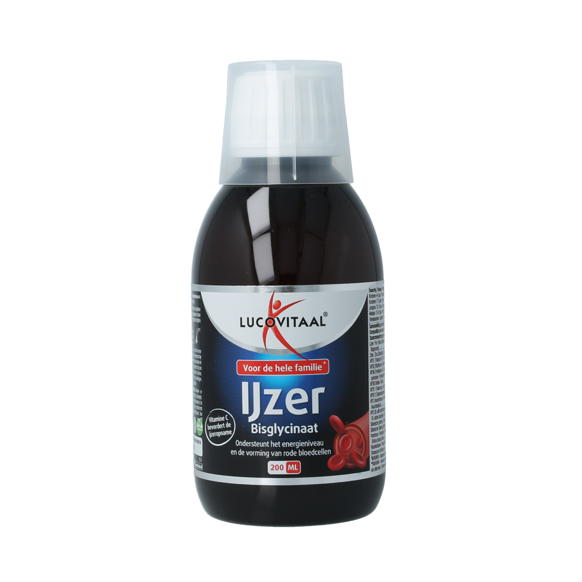 Bottle of Lucovitaal IJzer bisglycinaat mineral supplement, 200ml, with a white label and blue cap, showing the product front.