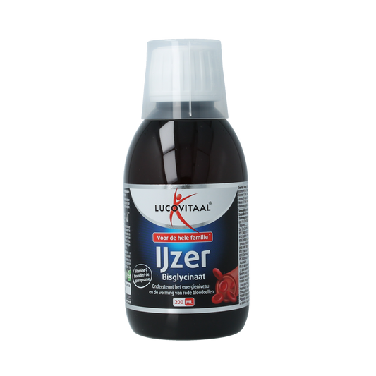 Bottle of Lucovitaal IJzer bisglycinaat mineral supplement, 200ml, with a white label and blue cap, showing the product front.