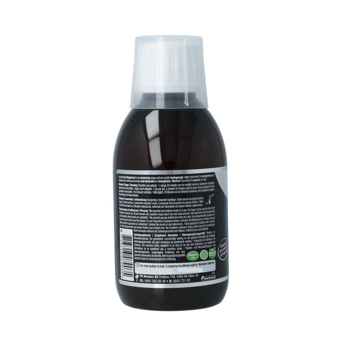 Bottle of Lucovitaal IJzer bisglycinaat mineral supplement, 200ml, with a clear label and cap, designed for mineral support.