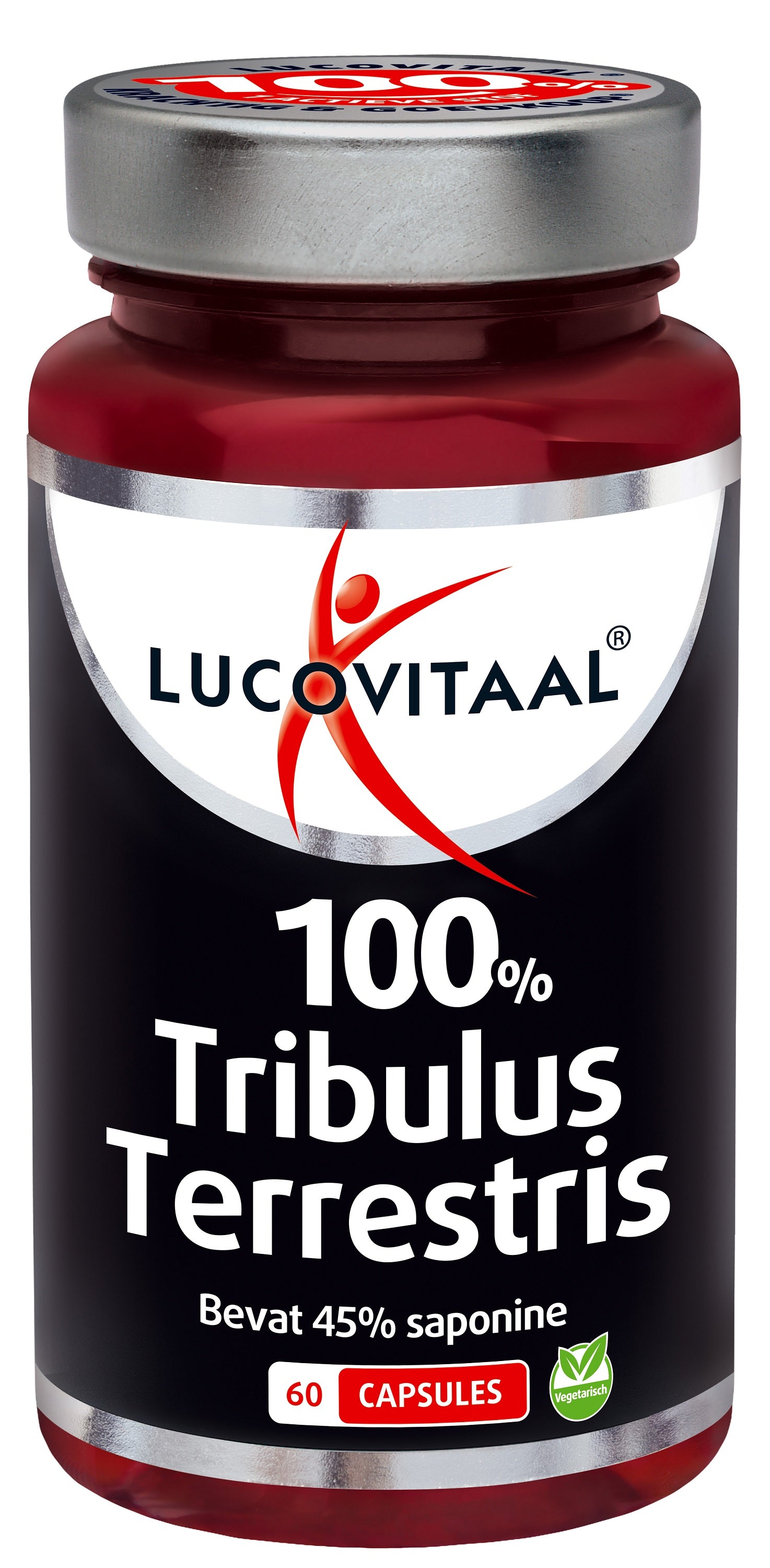 Lucovitaal Tribulus Terrestris 60 capsules, herbal supplement in a white bottle with a blue label, displayed on a white background.