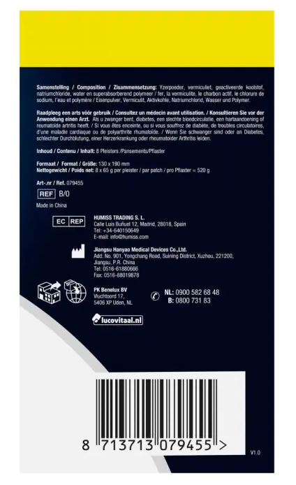 Lucovitaal spier en gewricht warmtepleisters, 8 stuks, showing adhesive patches designed for muscle and joint relief.