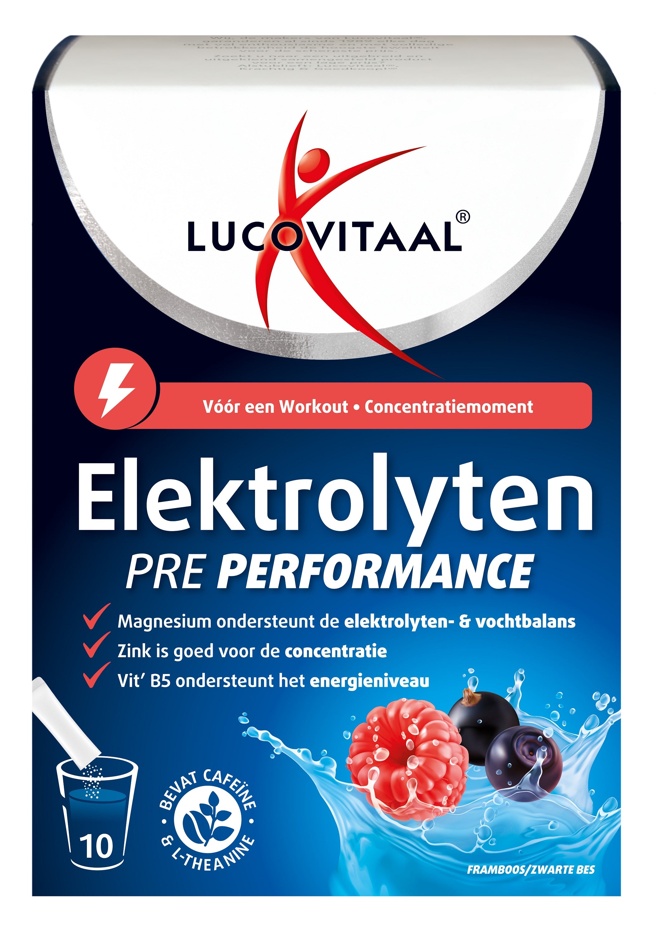 Lucovitaal Elektrolyten pre-performance sachets with mineral blend for hydration, shown in a box with 10 individual sachets.