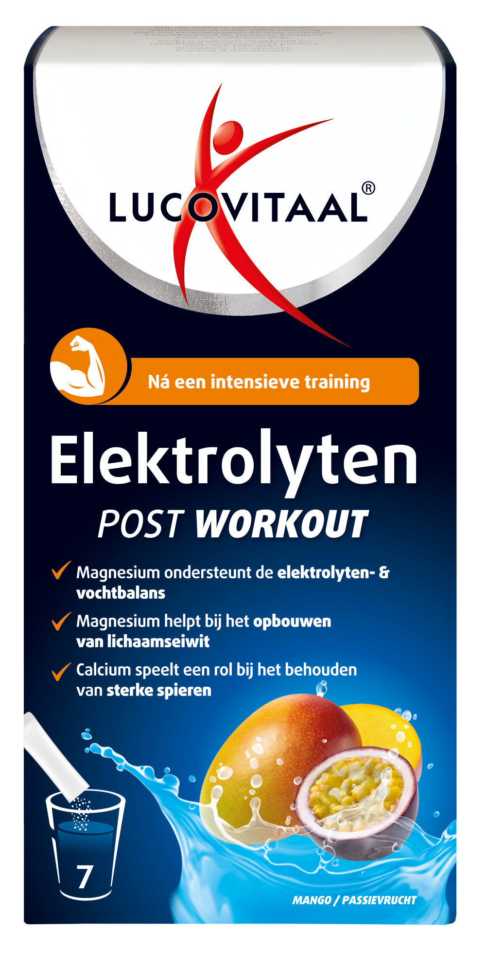 Lucovitaal Elektrolyten post-workout mineralen mix in 7 sachets, featuring colorful powder and sachet packaging.