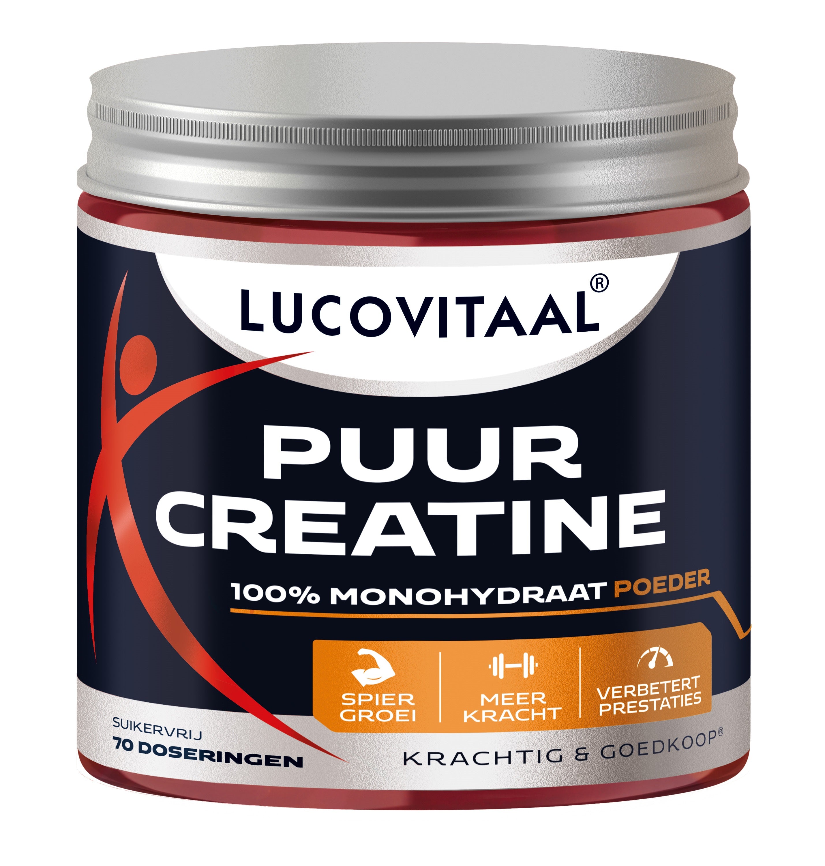 Lucovitaal Creatine poeder puur, 210g, a white powder supplement in a clear container, used for sports and muscle support