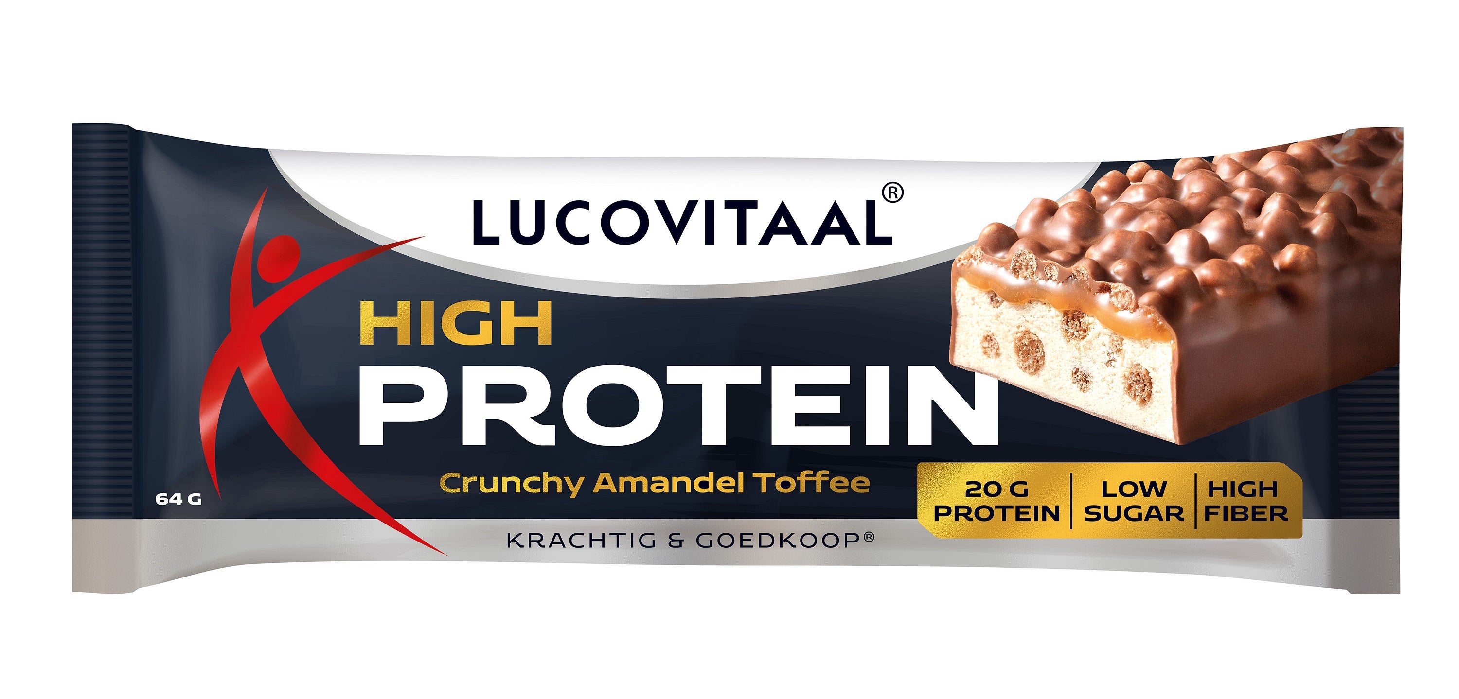 Lucovitaal Protein high reep crunchy amandel toffee sportvoeding bar with almonds and toffee flavor, shown on packaging.