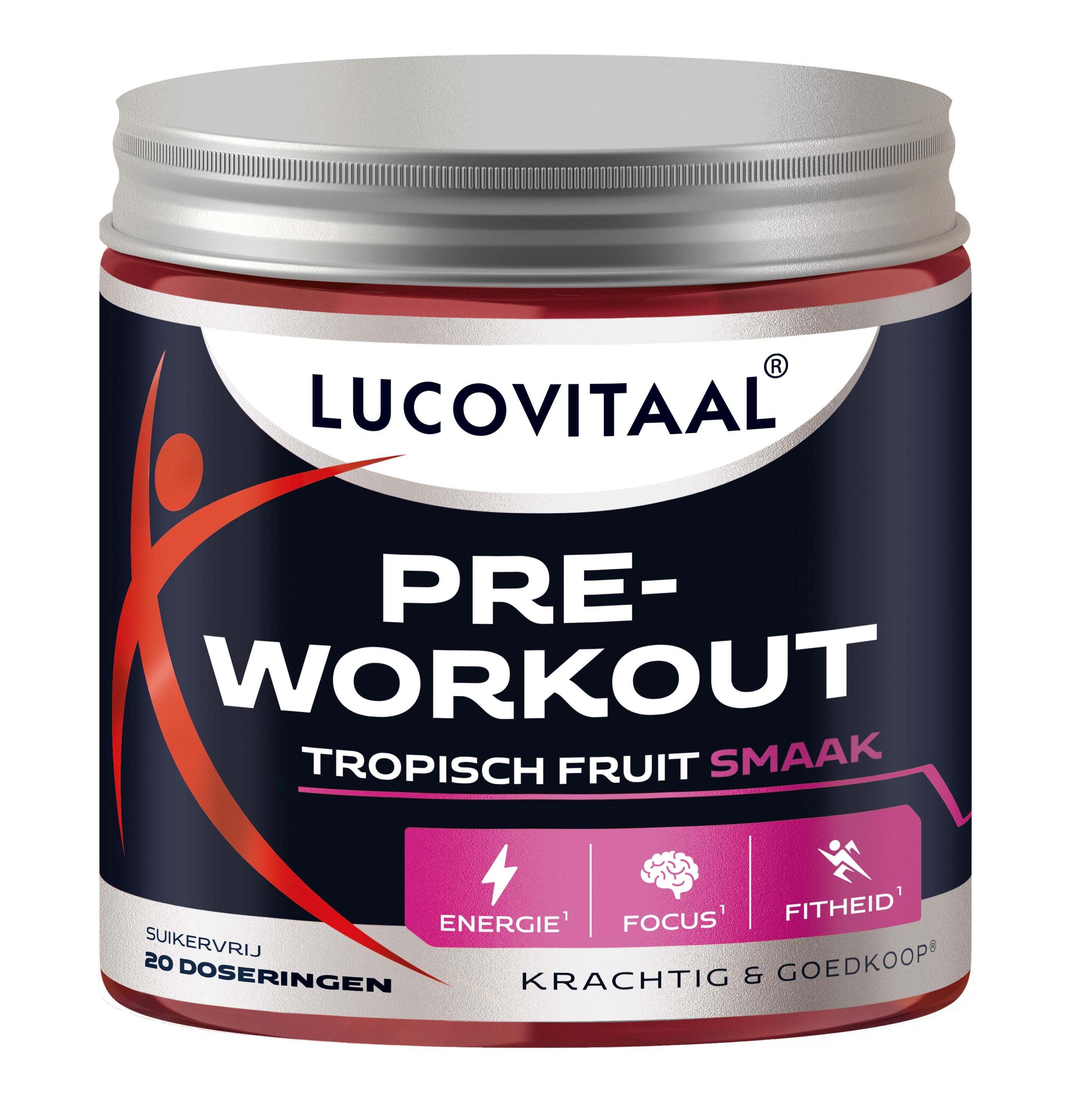 Lucovitaal Pre-workout tropisch fruit vitamin mix in a 200g container, featuring tropical fruit flavor and multi-vitamin benefits.