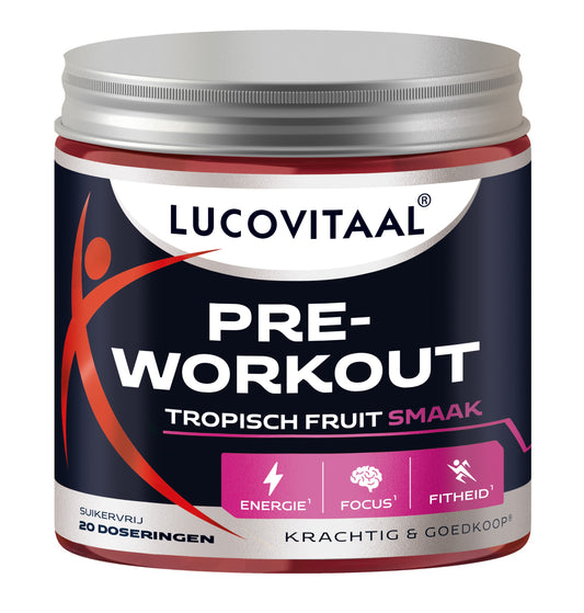 Lucovitaal Pre-workout tropisch fruit vitamin mix in a 200g container, featuring tropical fruit flavor and multi-vitamin benefits.