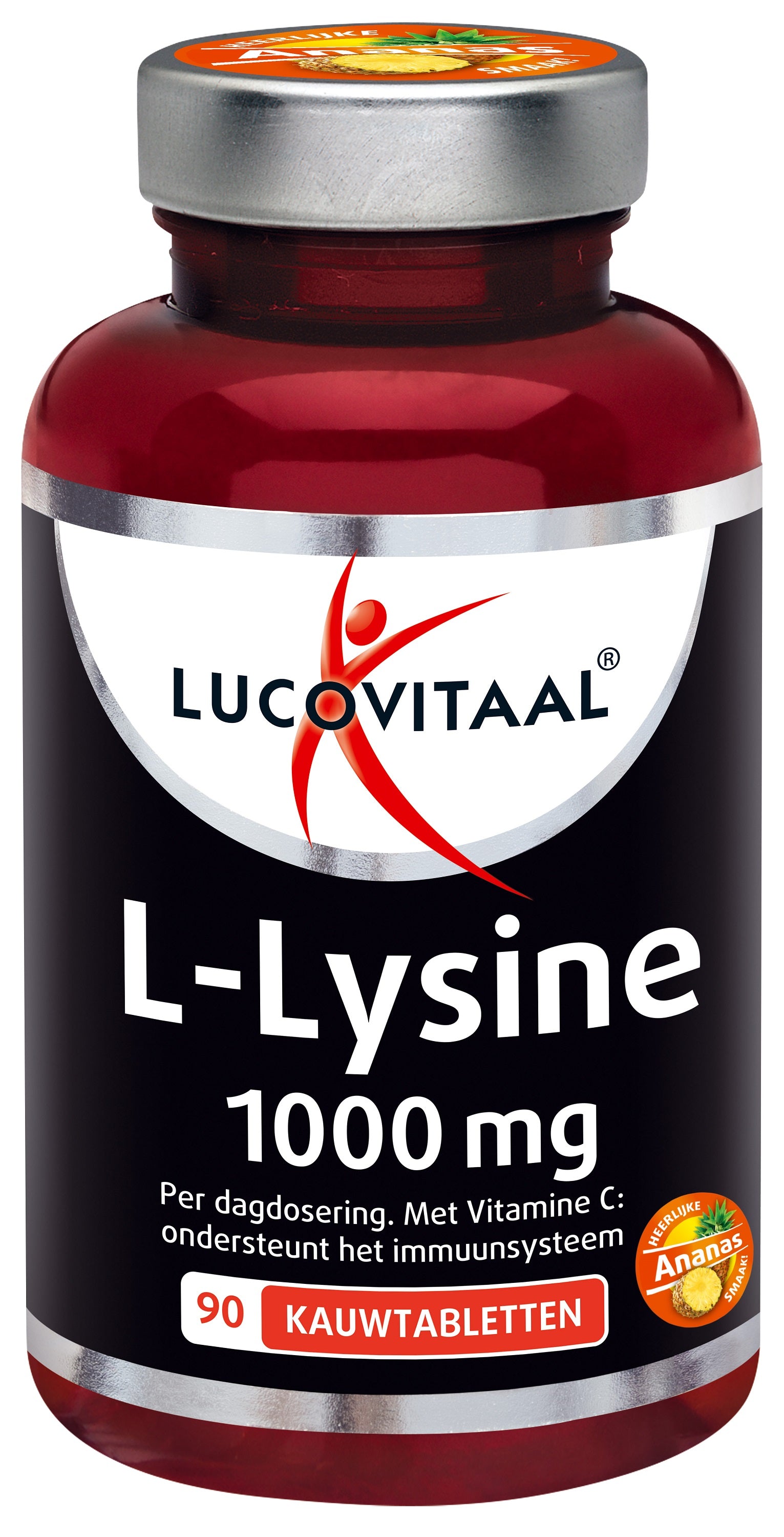 Lucovitaal L-Lysine 1000mg amino acid chew tablets, showing the bottle and tablets in a natural setting.