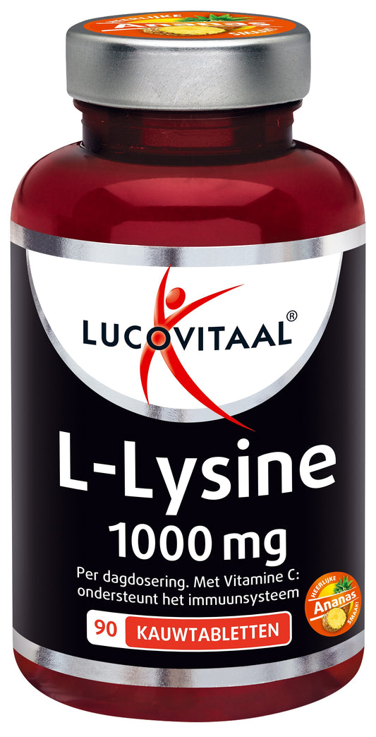 Lucovitaal L-Lysine 1000mg amino acid chew tablets, showing the bottle and tablets in a natural setting.