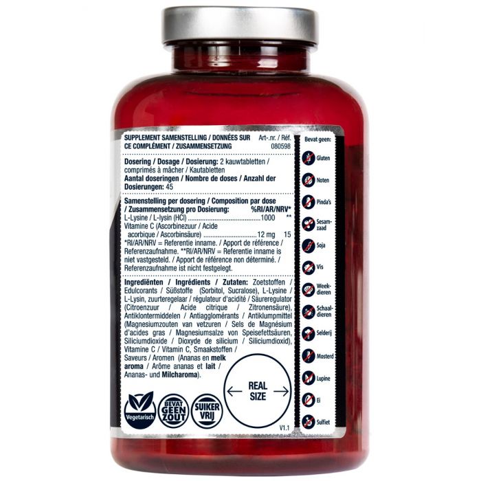 Lucovitaal L-Lysine 1000mg amino acid chewable tablets, 90 count, showing the supplement packaging and tablets.