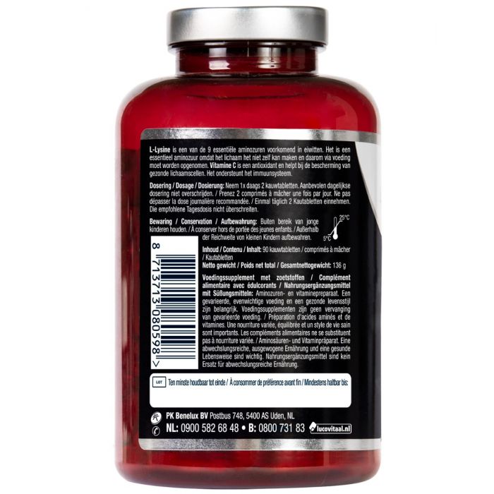Lucovitaal L-Lysine 1000mg amino acid chewable tablets, 90 count, dietary supplement with natural flavor.