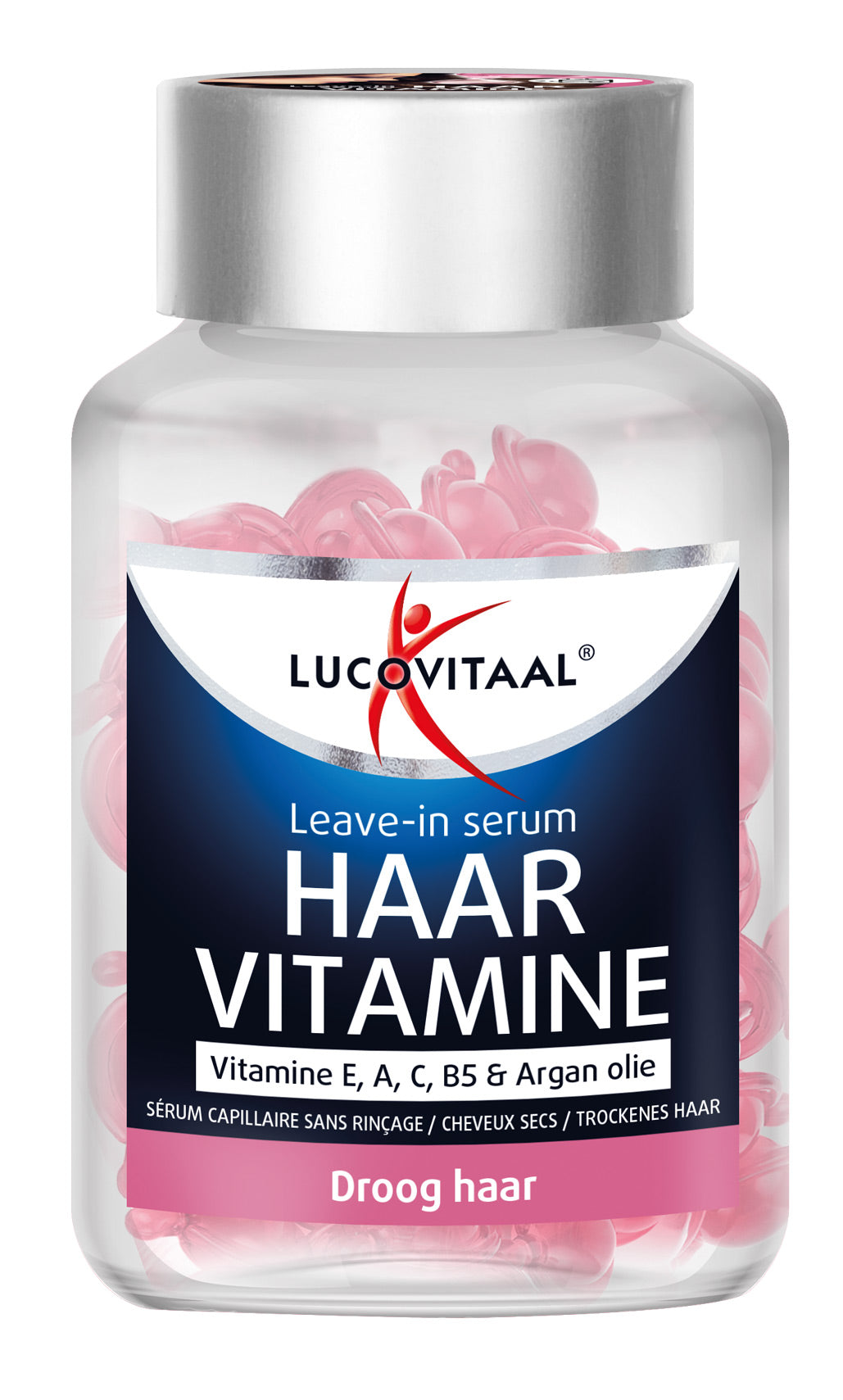 Lucovitaal Haar vitamine capsules for dry hair, 25.00 count, showing the supplement bottle with label and capsules inside