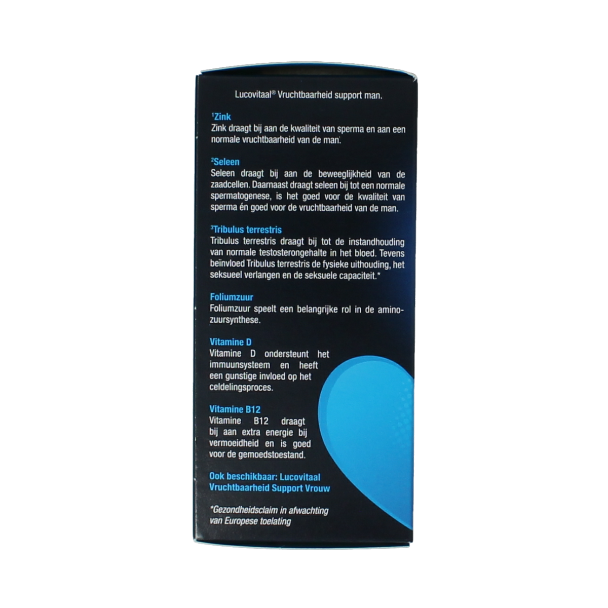 Bottle of Lucovitaal Vruchtbaarheid support man multivitamins with 60 tablets, featuring colorful label and tablet imagery.