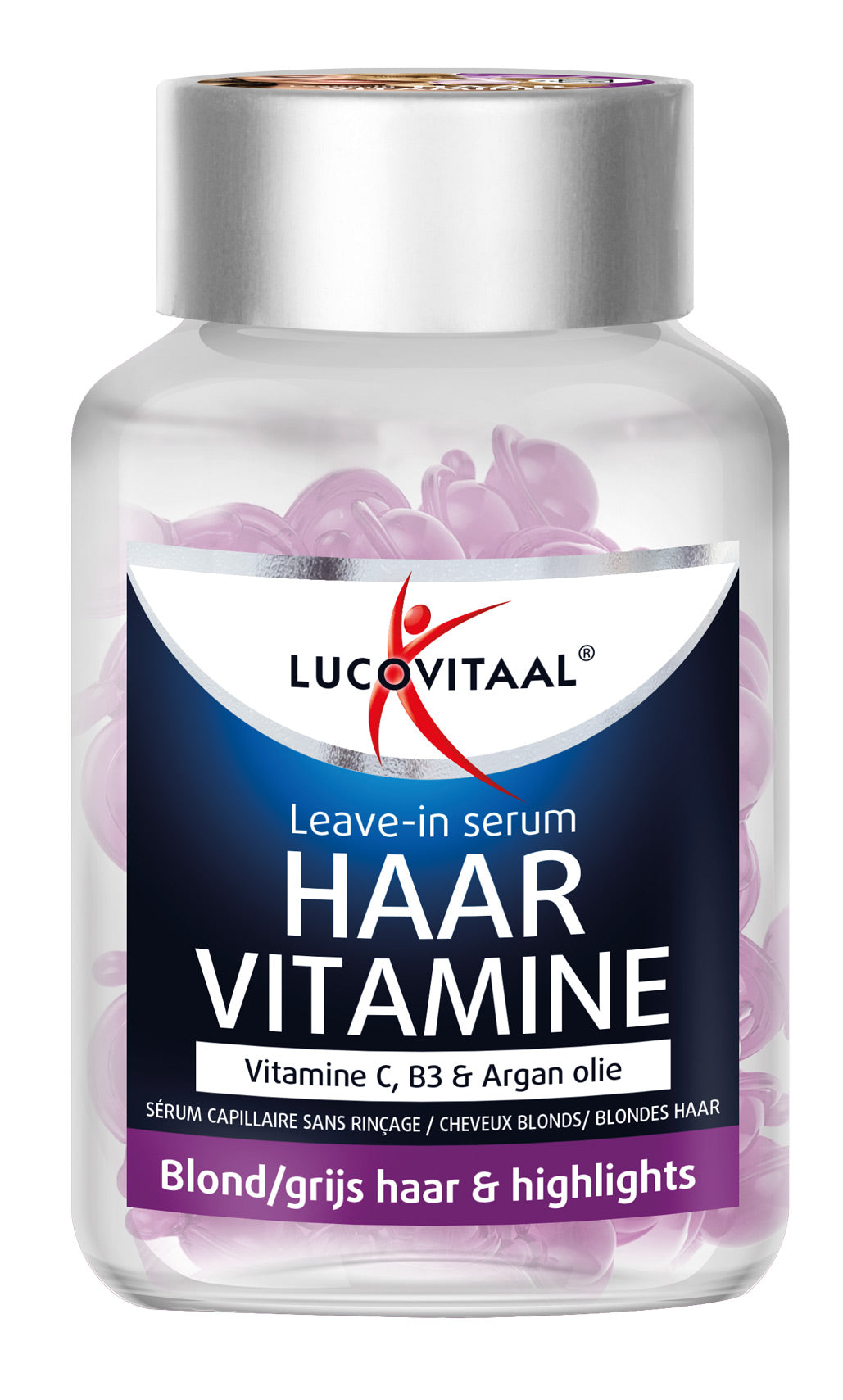 Lucovitaal Haar vitamine capsules for blond and gray hair, featuring highlights, in a white bottle with 25 capsules.