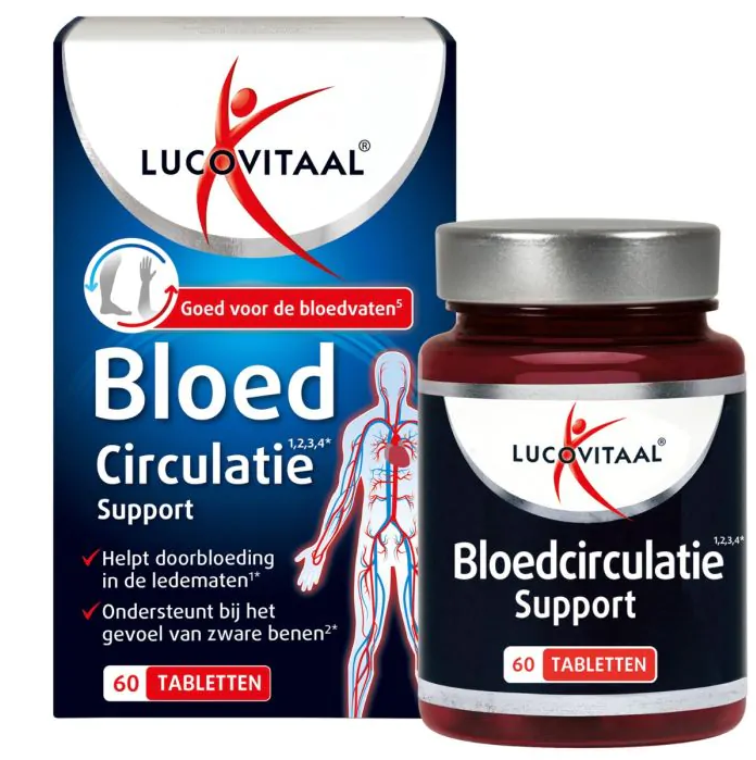 Lucovitaal bloedcirculatie support kruidenpreparaten in 60 tabletten, showing the herbal supplement package and tablets inside.